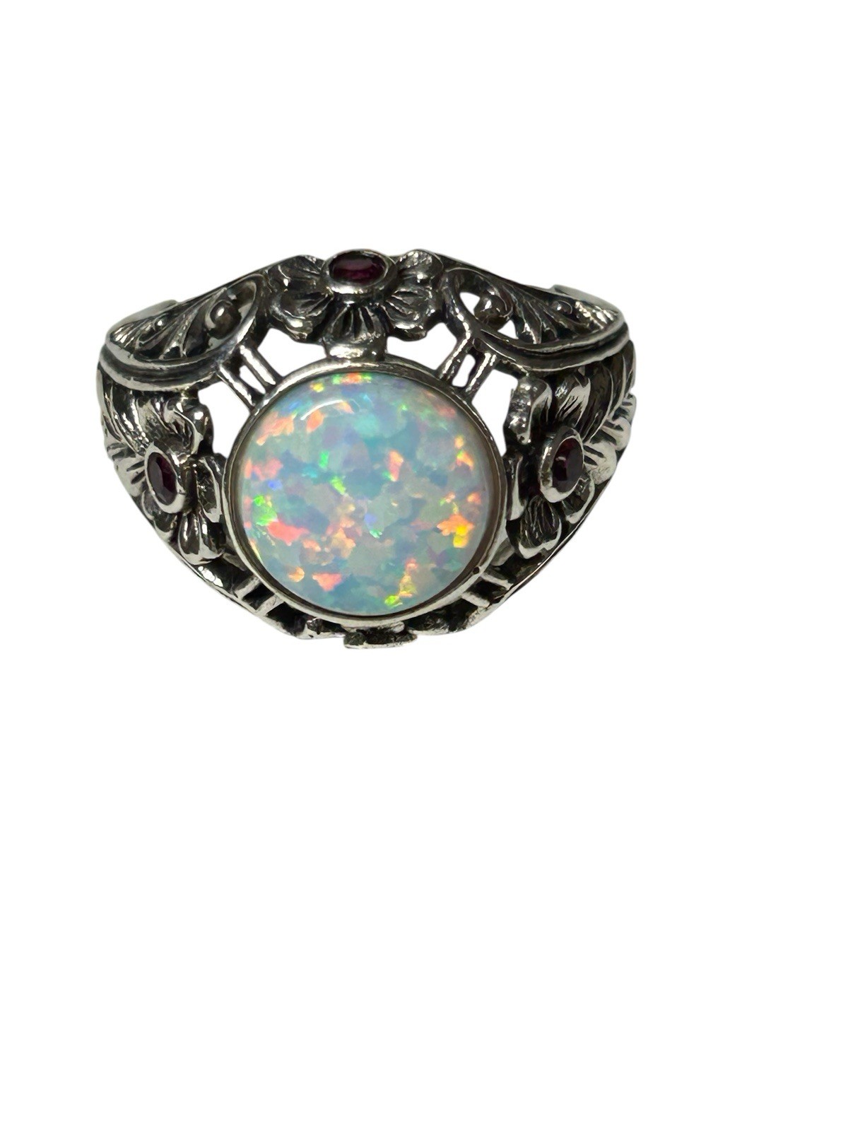 Sterling Silver 925 Opal Cabochon Ruby Accent Flo… - image 2
