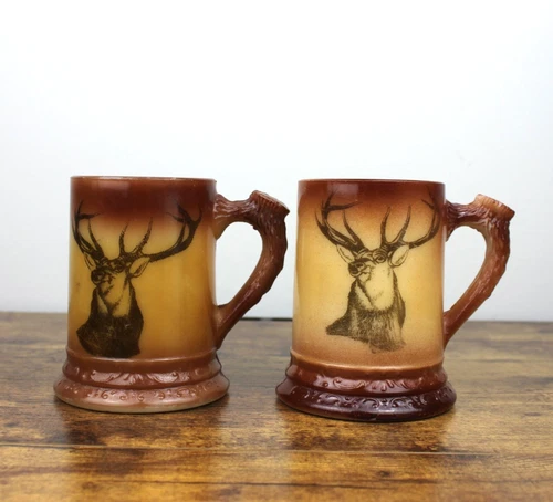 VTG Brown (2) Westmoreland Elk Deer Milk Glass Mug Cup Pottery Deer Stag Cottage