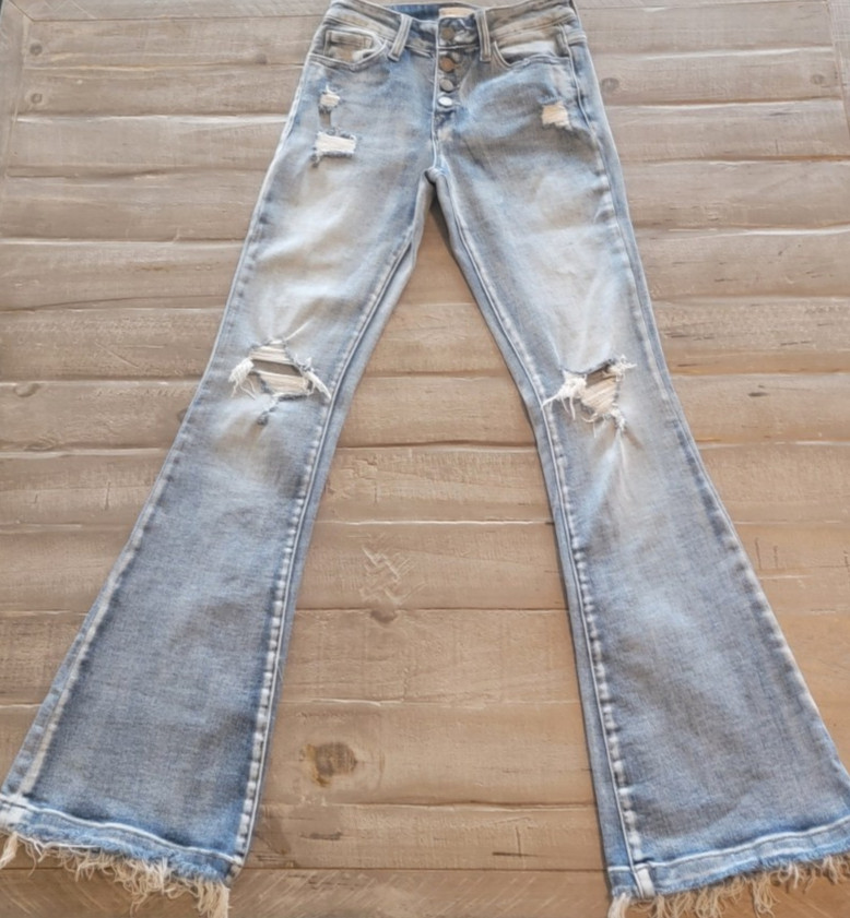 Altered State Women's 3 Button Down Distressed Ripped Frayed Wide Ankle BlueJean