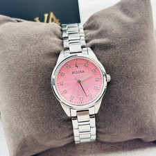 Bulova Women's Sutton 96P249 Pink Diamond Dial Stainless Steel Quartz Watch 28mm