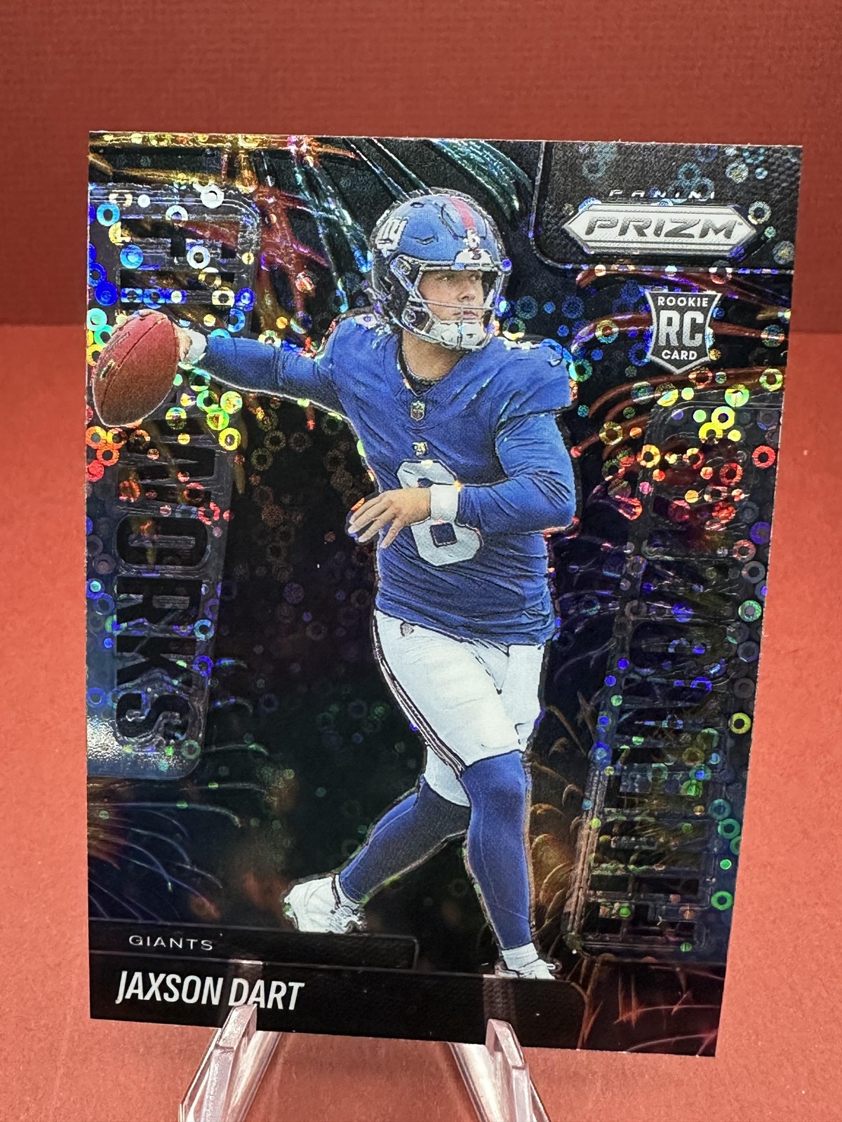 2025 Panini Prizm #6 Jaxson Dart Fireworks No Huddle Disco Rookie Giants