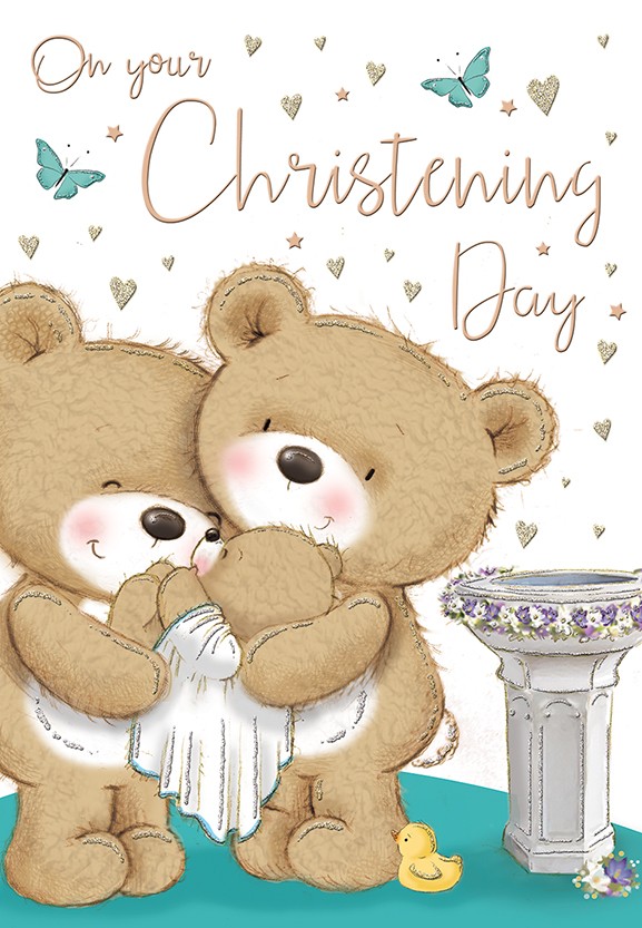 Christening Card - Teddy Bear Family - Luxury NEW