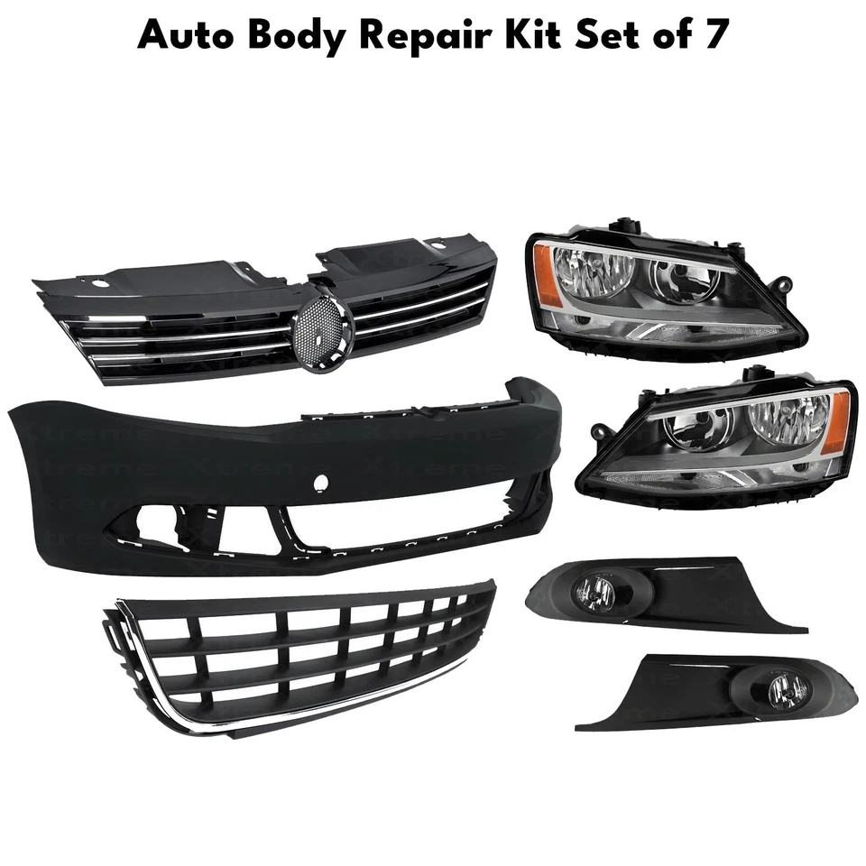 Front Bumper Cover Primed Plastic & Headlight Kit For 2011-2014 Volkswagen Jetta Foto 2 de 4