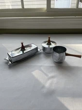 Mid Century Modern Wood Handle Chrome  Butter Dish Creamer Sugar