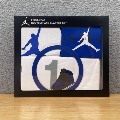 Nike Air Jordan First-Year Baby Bodysuit Blanket Milestone Gift Set Blue Boy NIB