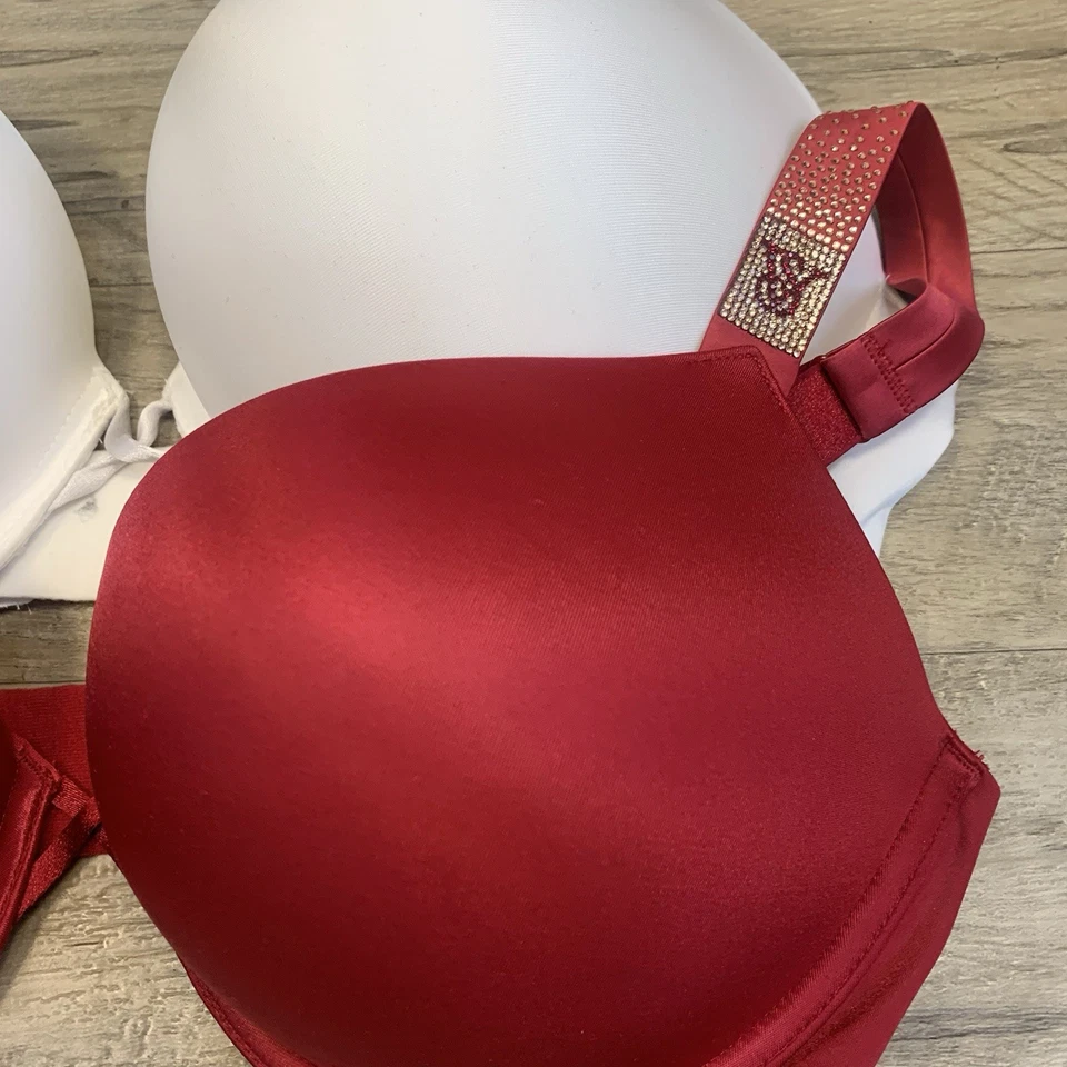 Victoria Secret 2 Sujetadores Bombshell Satinado Rojo Blanco Logo Estrás Correa 38 C Foto 2 de 4