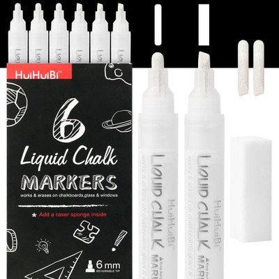 Liquid Chalk Markers for Chalkboards, 6 White Dry Erase Marker Pens for Chalk...