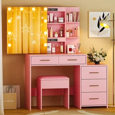 Lighted Makeup Sliding Mirror, Vanity Desk , Pink
