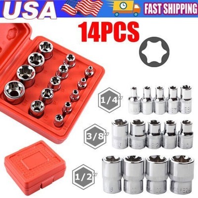 14 PC E Torx Star Female Bit Socket Set 1/2''/3/8''/1/4'' Drive E4 -E24 203301