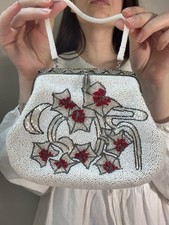 Vintage White Beaded Floral Handbag Purse Filigree Frame Evening Bag Art Deco
