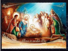 dekorative, farbige. Glitzer - AK " Gloria in excelsis Deo " echt gelaufen 2013