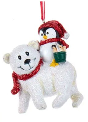 Kurt Adler Resin White Bear & Penguin Christmas Ornament-Holding Bucket #H5632