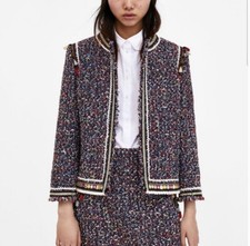 Zara Woman BLOGGER FAVE Fringe Tweed Blazer Navy Multi  Wool Blend  Sz L