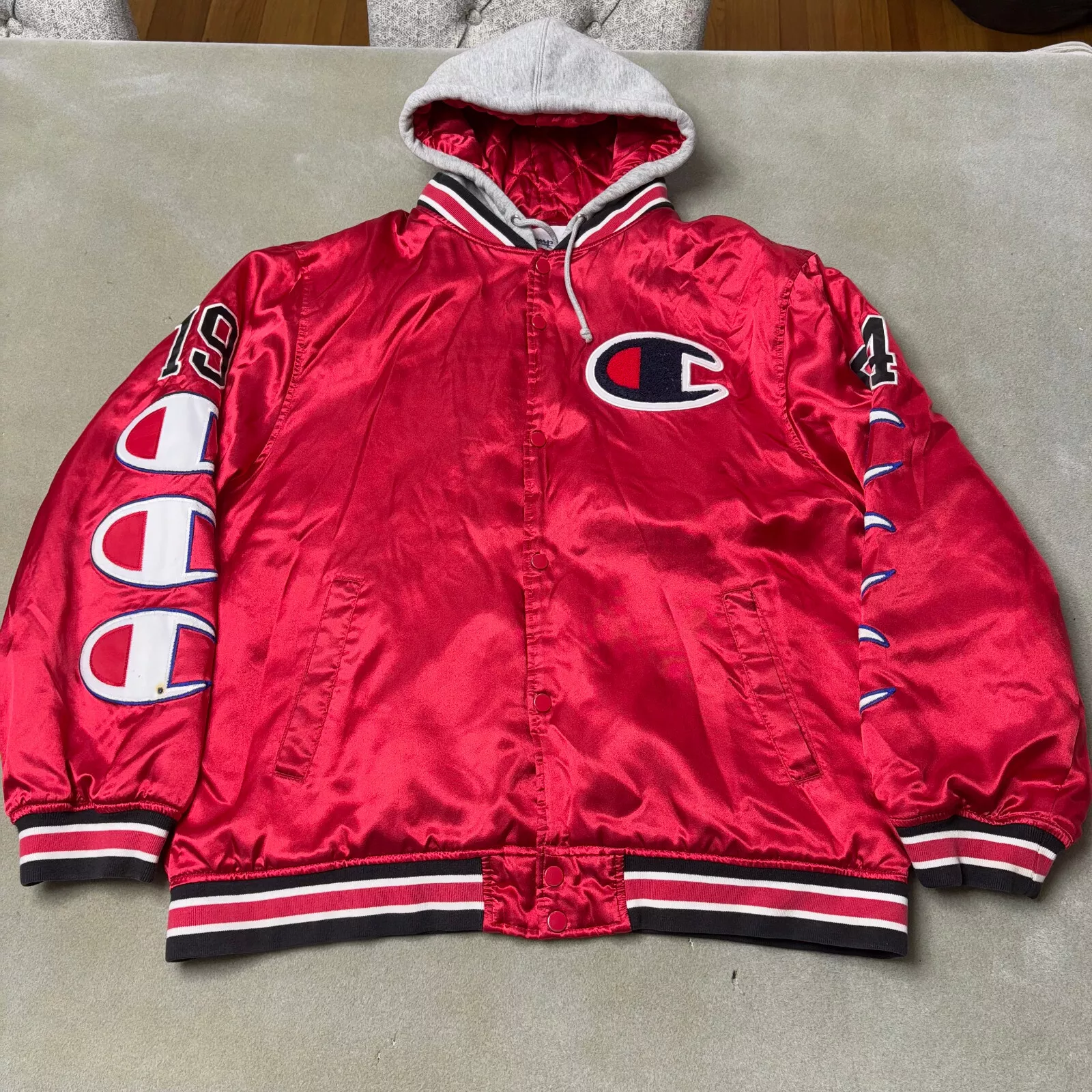 Veste universitaire homme Supreme x Champion rouge à capuche satin XL boutonnée