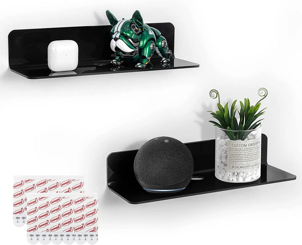 Black Floating Shelves Set of 2, 12 Inch Command Strip Shelf for Bedroom,  Kitche