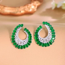 Beauty Oval Half Round Stud Earrings Silver Plated Green CZ Cubic Zirconia Gift