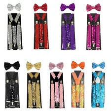 Unisex Clip-on Sequin Suspender & Bow tie Sets 9 Colors