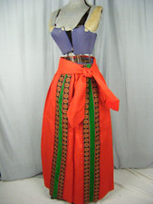 Vtg 60-70s Orange Red Green Velvet Trimmed Mod Long Skirt-Waist 22 to 32"