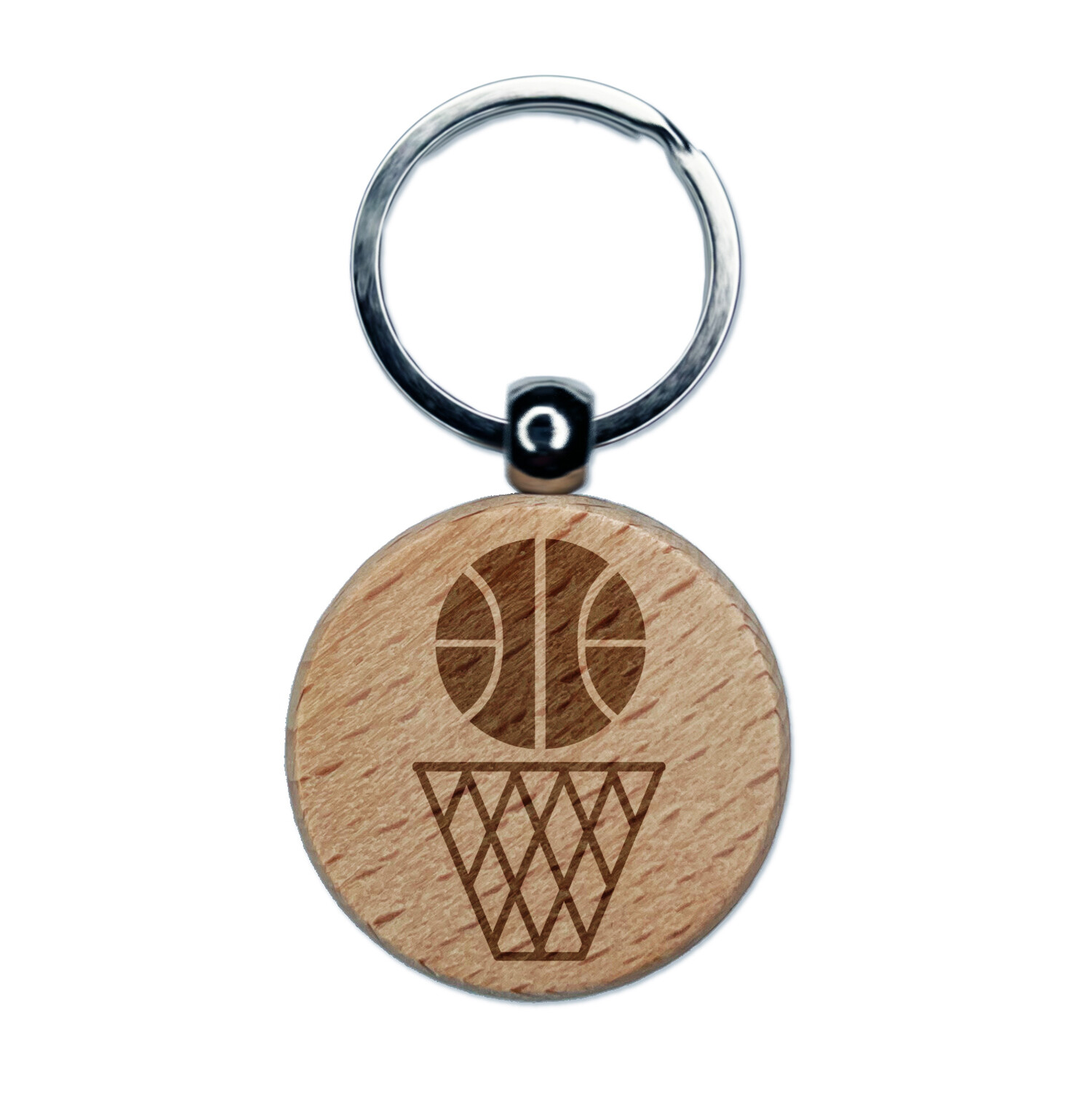 Basketball and Hoop Engraved Wood Round Keychain Tag Charm