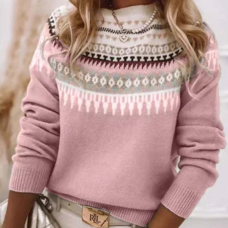 Exquisite Geometric Pattern Round Neck Pullover Sweater for Winter Elegance