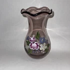 Fenton for Teleflora 8" Ruffled Purple Amethyst Glass Vase, Hand-Painted Flowers