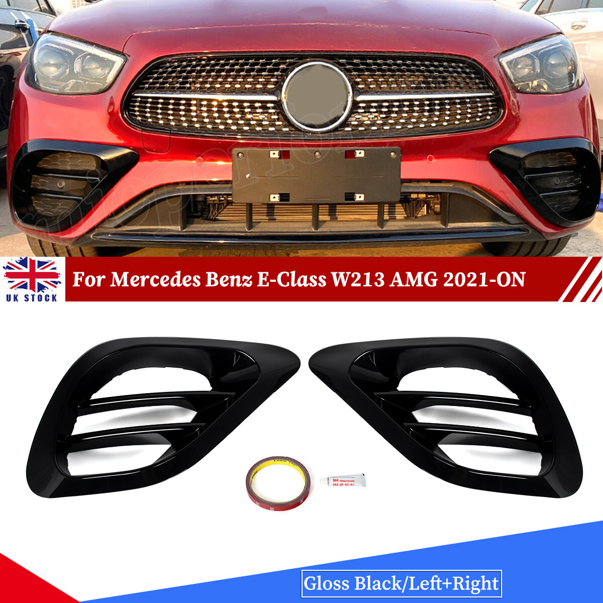 Front Bumper Fog Light Grille Cover For Mercedes Benz E-Class W213 2021+ Black