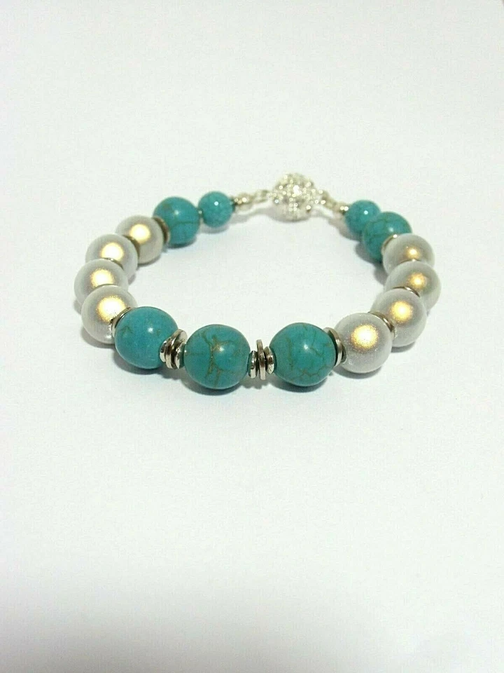Damen Armband Miracle- Perlen und Türkis blau mit Strass Silber 18 cm  NEU - Bild 2 von 3