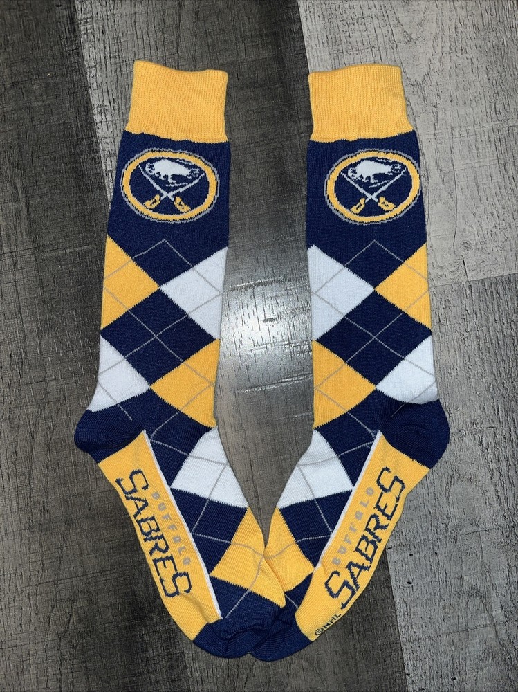 BUFFALO SABRES NHL HOCKEY TEAM LOGO ARGYLE LINEUP DRESS SOCKS LARGE