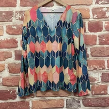 Boutique Top Shirt Womens Large Multicolor Abstract Casual Stretchy Popover