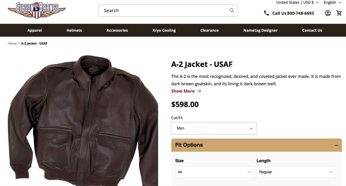 GIBSON & BARNES A-2 Brown Goatskin Leather Flight Jacket Size 44 R
