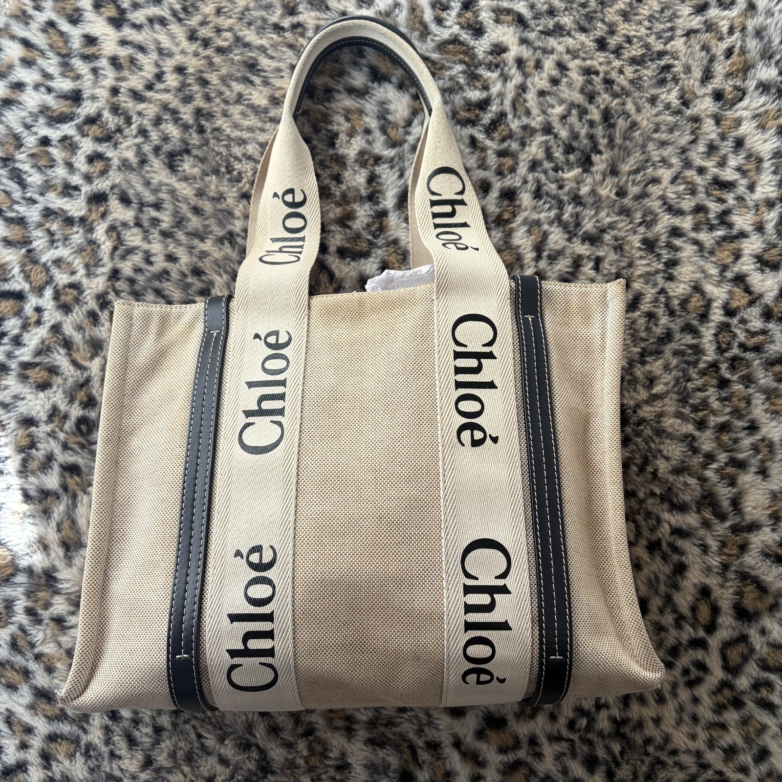 Auténtico Bolso de Mano Chloe Mediano Leñoso Beige Lona Cuero
