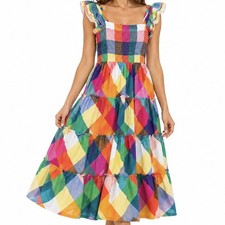 Crown & Ivy XL Rainbow Plaid Smocked Tiered Midi Dress Flutter Sleeve Boho