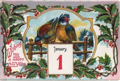 Antique New Year Greetings Postcard Floral Swallows Tartan Design UK