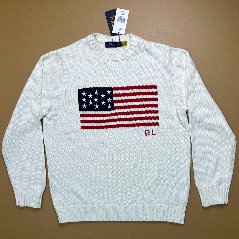 Bid Now Polo Ralph Lauren White American Flag Cotton Sweater Women Small
