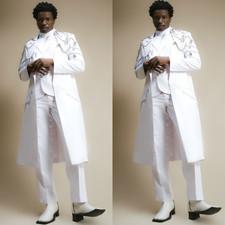 White Men's Long Suit for Prom Wedding Rhinestone Long Jacket Banquet 2Pcs