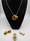 Vintage Napier Monet &Trifari Gold Tone Jewelry Set& Beautiful Flower Pendant
