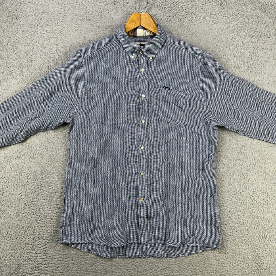 Barbour Mens Button Down Linen Shirt Medium Blue Houndstooth Plaid Flip Cuff - Image 2 of 4