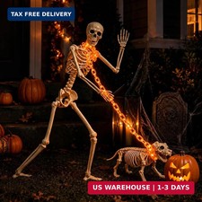 3 Ft Halloween Skeleton Decorations with Dog Skeleton  Light-Up Chain