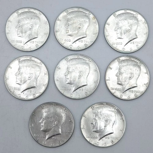 (Lot of 8) 1969 D Kennedy Half Dollar AU/UNC Prooflike Fields 40% Silver