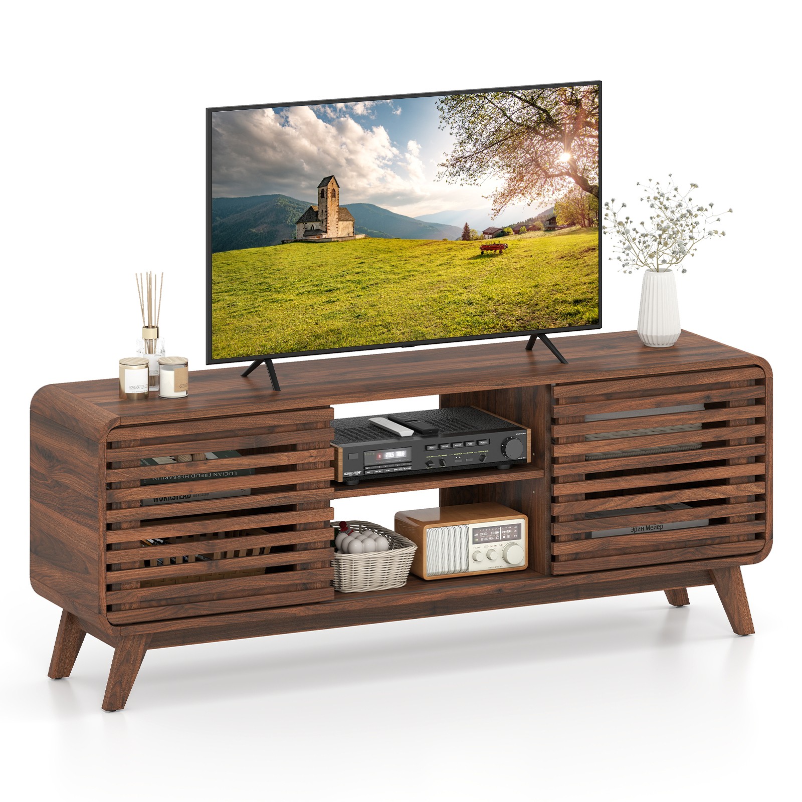 , Mid Century Modern Entertainment Center W/ Grille-style Sl
