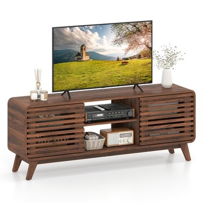 TV Stand , Mid Century Modern Entertainment Center w/ Grille-style Sliding Doors