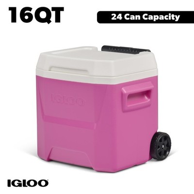 Igloo Laguna Cooler 16Qt Hard Sided Ice Chest Wheels Pink Portable