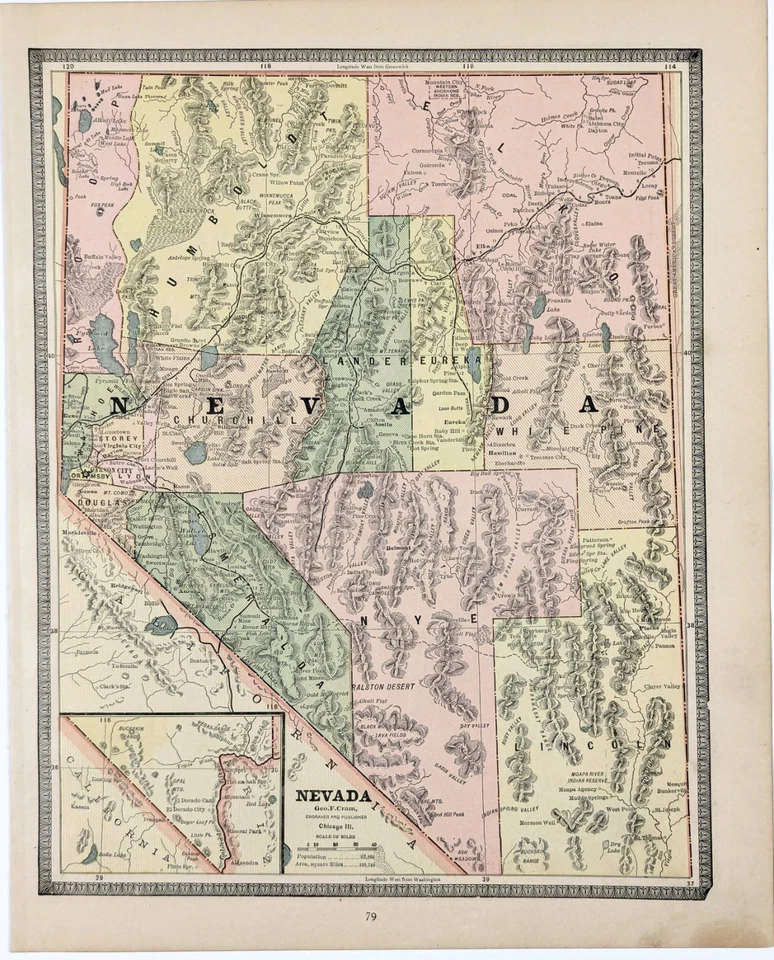 MAPA NEVADA 1885 - Original (12x9) GEORGE CRAM - FERROCARRILES MUNICIPIOS Foto 3 de 4