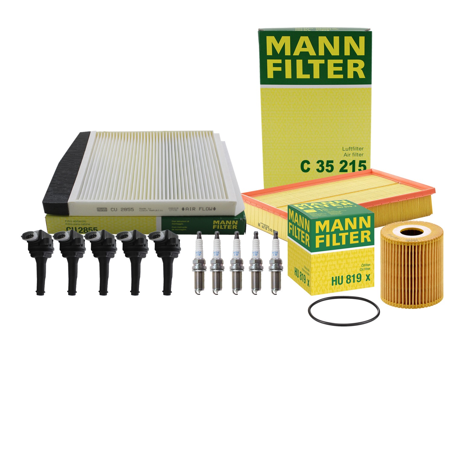 Mann Engine Oil Cabin Air Filter 5 NGK Plugs  Hitachi Coils Kit For S80 2.5 Gas