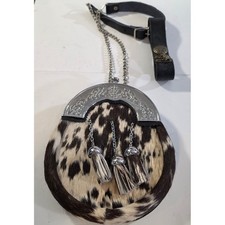 Scottish Cowhide Fur Sporran Celtic Knot Chrome Cantle with Leather Chain Strap
