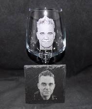 Engraved "ROBBIE WILLIAMS" large wine glass & coaster gift set with gift box