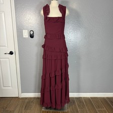 Lulus Compelling Romantic Burgundy Ruffled Tiered Maxi Dress, L