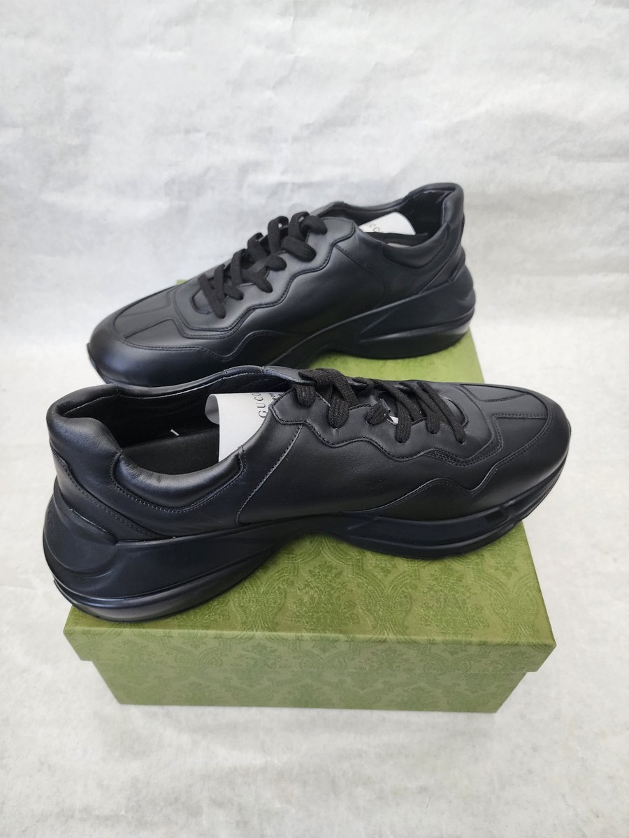 Gucci Black Rhyton Leather Sneakers With Side Interlocking GG Logo