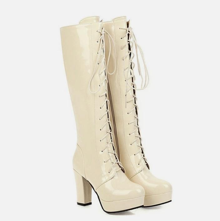 Women's Knee High Boots Block Heel Platform Lace Up Side Zip Shiny Leather Shoes