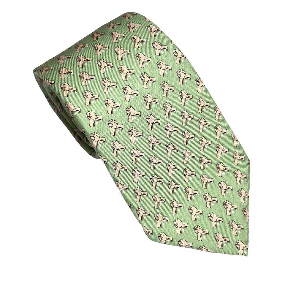 Corbata Verde Vineyard Vines Colección Personalizada Repetición Cierre Manos Patrón Seda Foto 3 de 4